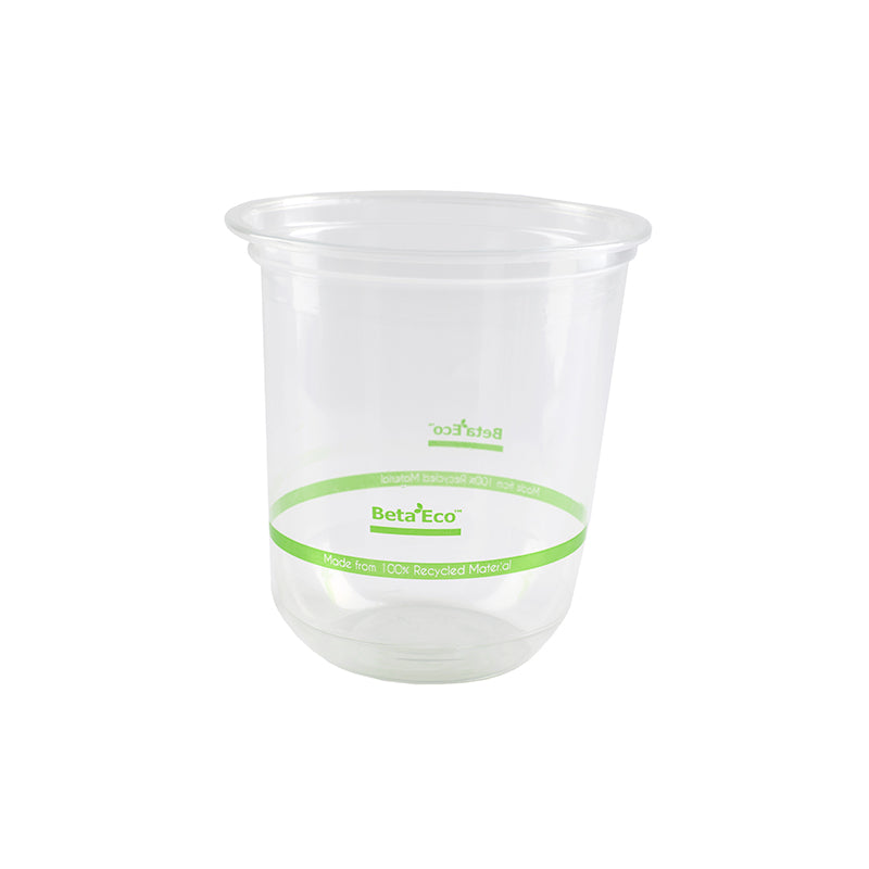Clear plastic cup with BetaEco branding