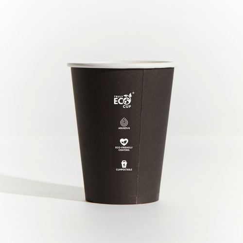 Black paper cup with eco-friendly branding