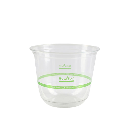 Clear plastic container with a green band featuring the brand name 
