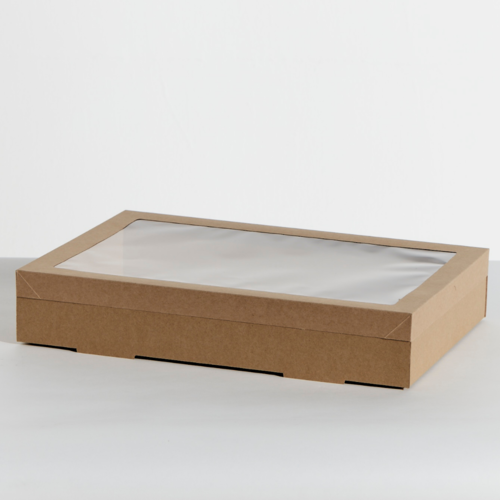 Catering Box Lids Extra Large Tray 4 - Kraft PET Window Lids 454x313mm (50 Pack)