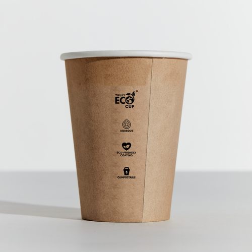 Eco-friendly brown paper cup with 'Truly Eco Cup' branding 